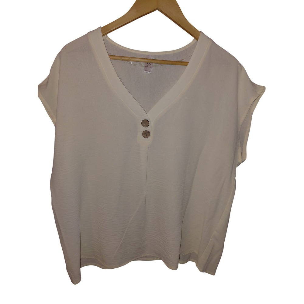 Just Be Women Cream V-Neck Short Sleeve Textured Blouse Top Plus Size 1X